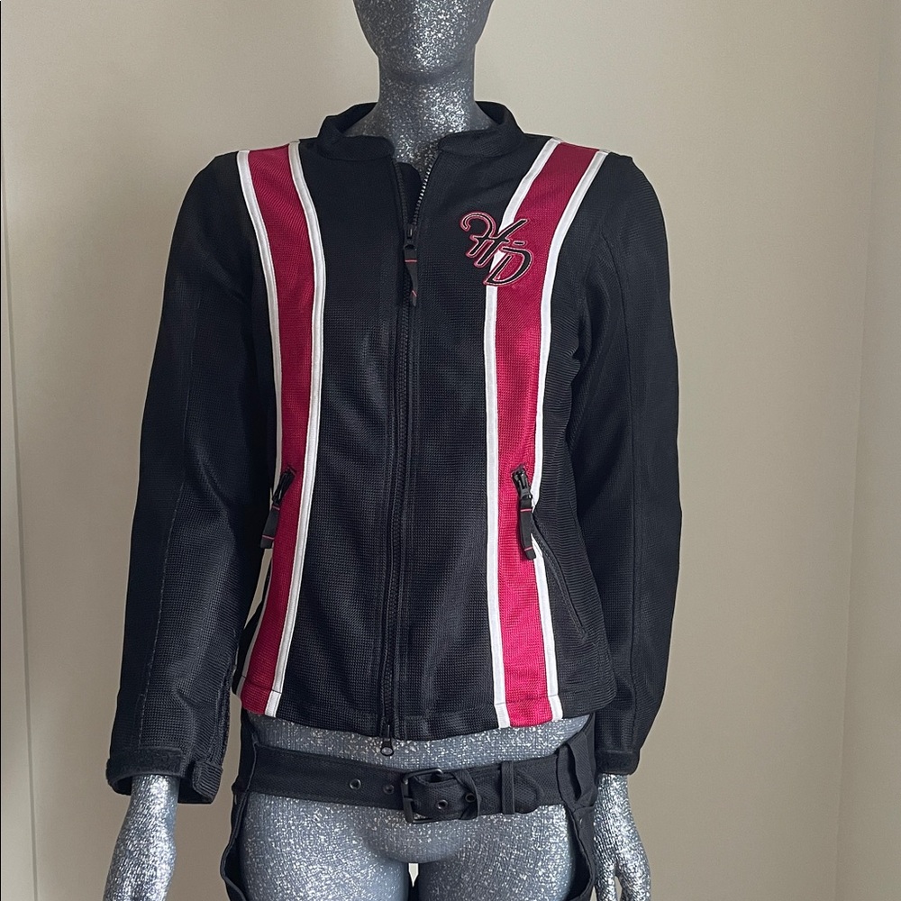 Harley Davidson Motorcycle Black Riding Jacket with Pink and White Stripes.